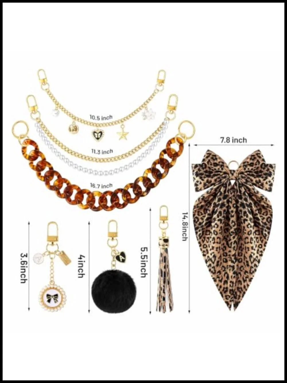 7 Piece Tote Bag Charm Set - Leopard Cheetah Bag Charms with Bow, Pearl, Pom